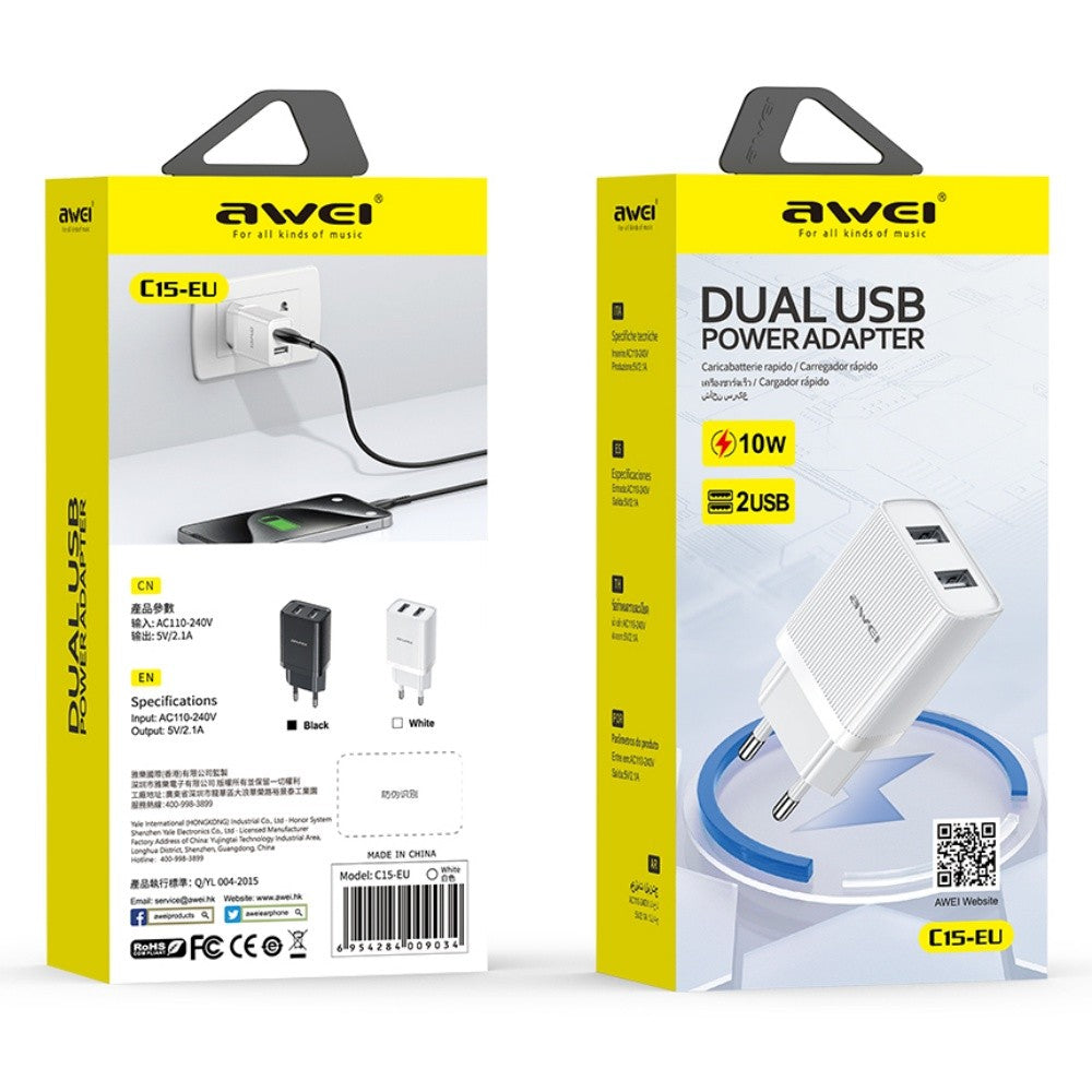 Įkroviklis Awei C15T-EU 10W 2xUSB-A + USB-A to USB-C cable 1.0m baltas
