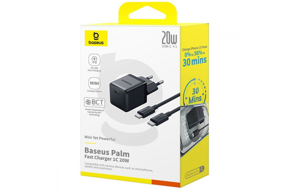 Įkroviklis Baseus Palm 20W USB-C + USB-C to USB-C cable 1.0m juodas P10111602113-01