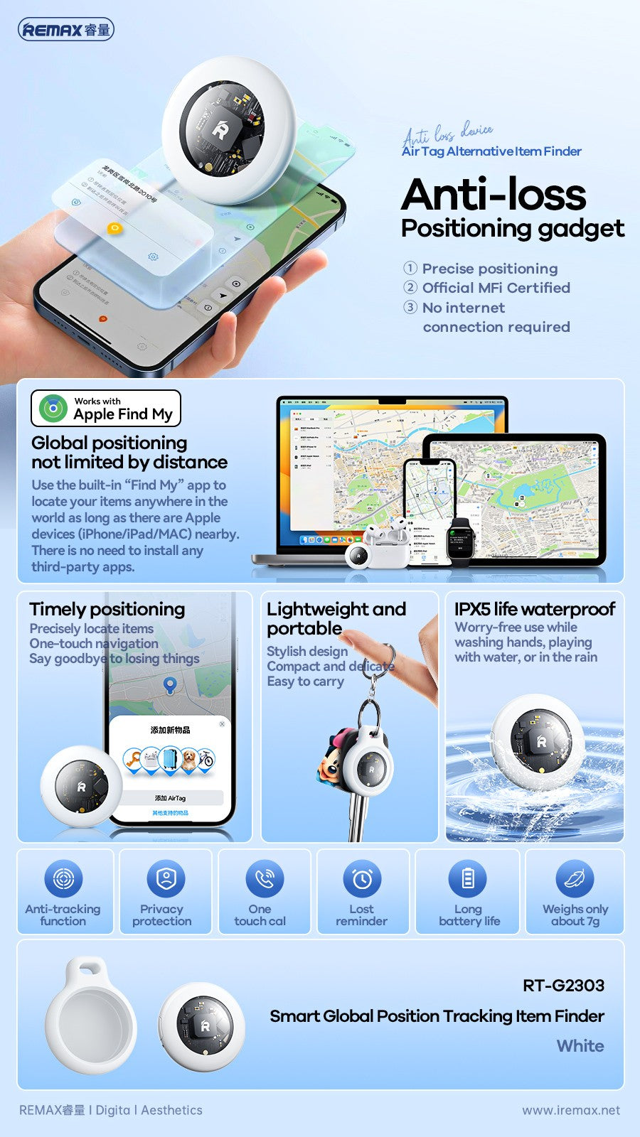 Daiktų ieškiklis Remax RT-G2303 Anti-Lost Device baltas