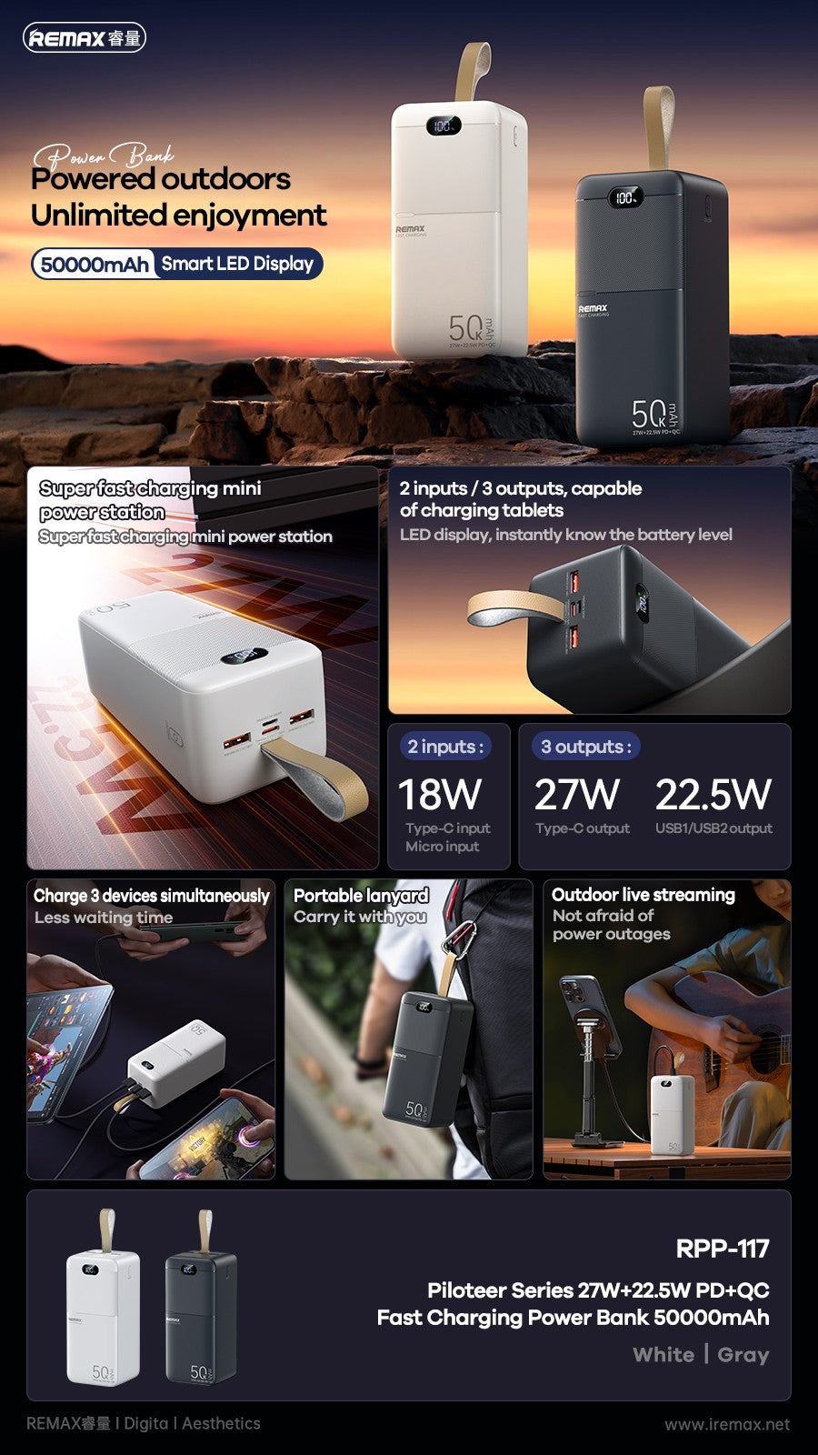 Išorinė baterija Power Bank Remax RPP-117 22.5W 50000mAh juoda