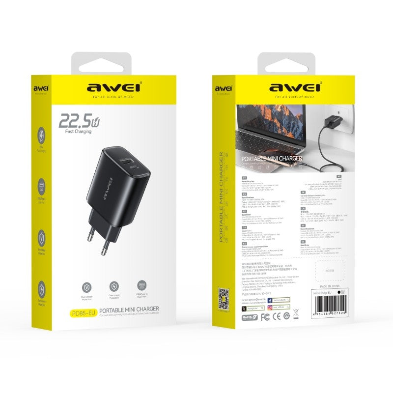 Įkroviklis Awei PD85-EU 22.5W USB-A/USB-C juodas
