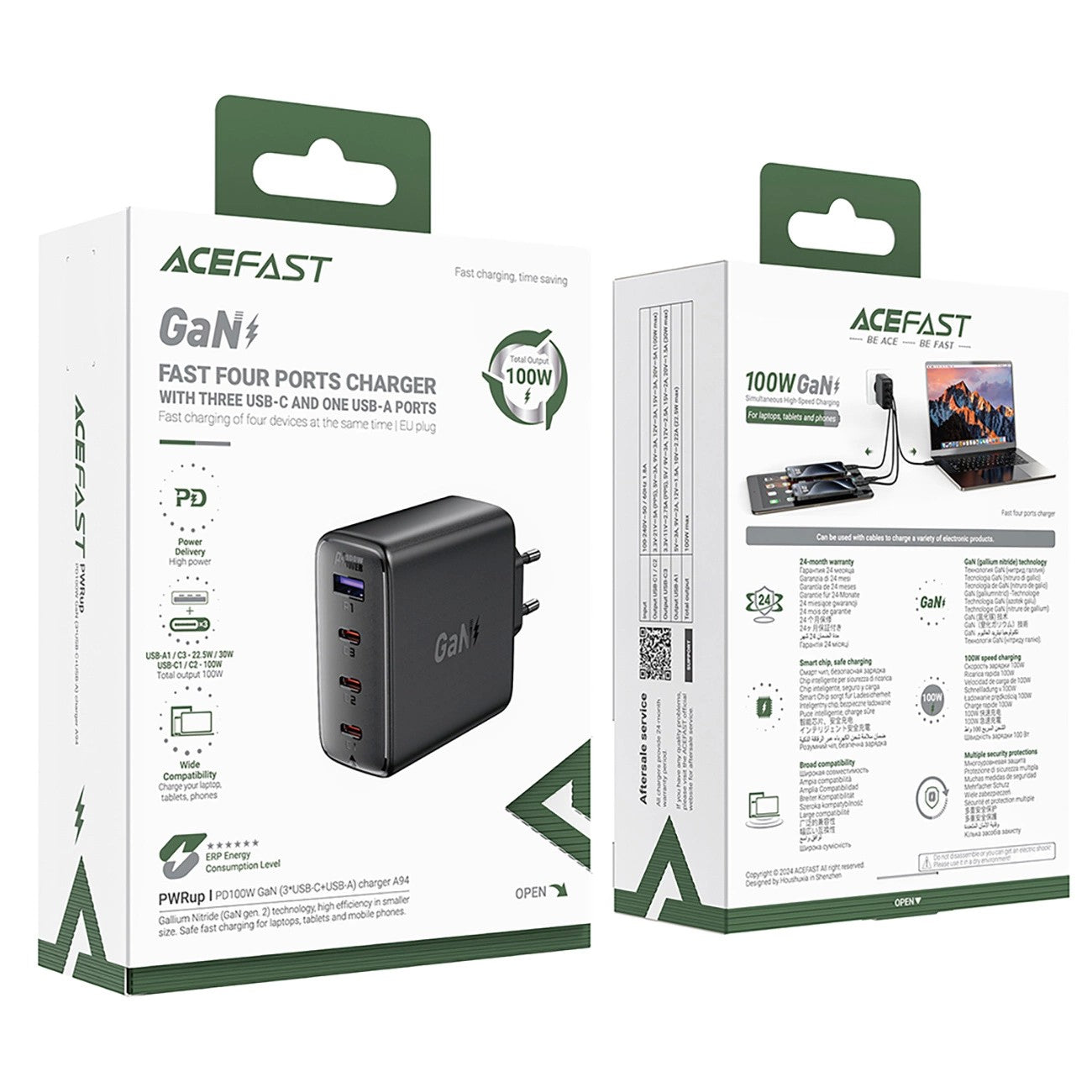Įkroviklis Acefast A94 100W GaN 3xUSB-C/USB-A juodas
