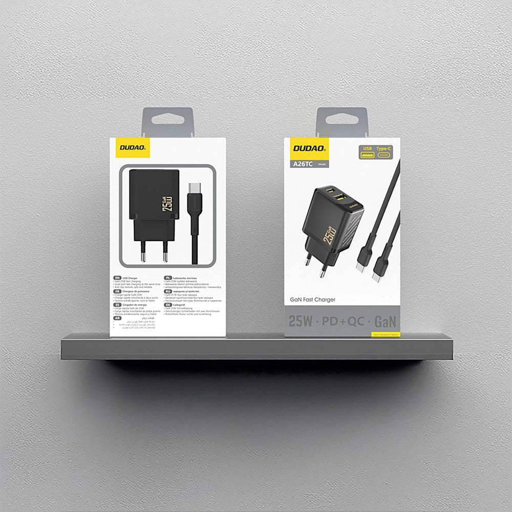 Įkroviklis Dudao A26TC GaN 25W USB-C/USB-A + USB-C to USB-C cable 1.0m juodas