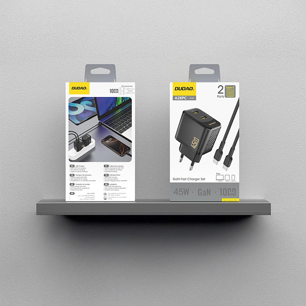 Įkroviklis Dudao A28PC GaN 45W 2xUSB-C + USB-C to USB-C cable 1.0m juodas