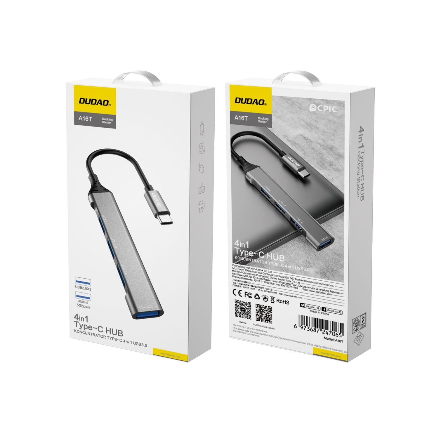 USB šakotuvas Dudao A16T 4-in-1 adapter USB-C to 3xUSB2.0 + USB3.0 pilkas