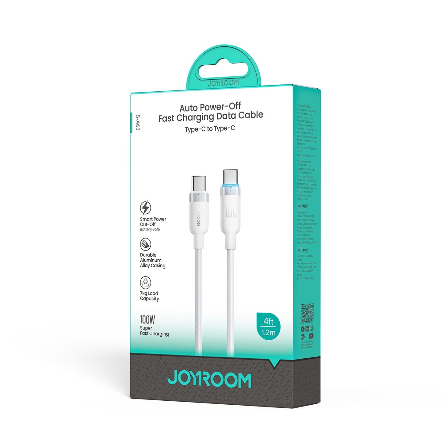 USB kabelis Joyroom S-A63 USB-C to USB-C 100W 1.2m baltas