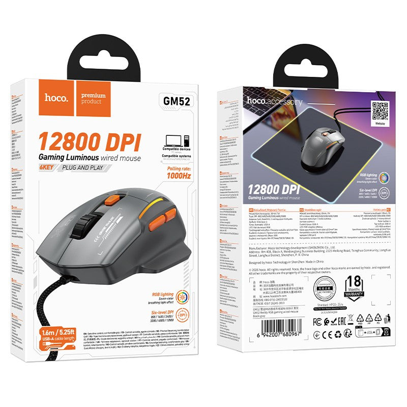 Laidinė pelė Hoco GM52 RGB Gaming juoda/pilka