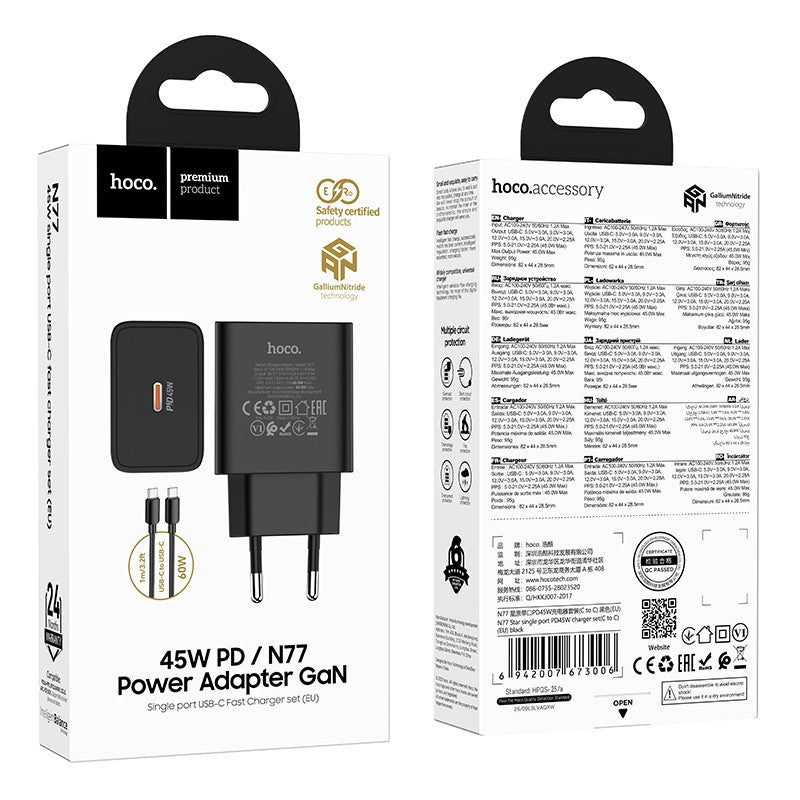 Įkroviklis Hoco N77 45W USB-C + USB-C to USB-C cable 1.0m juodas