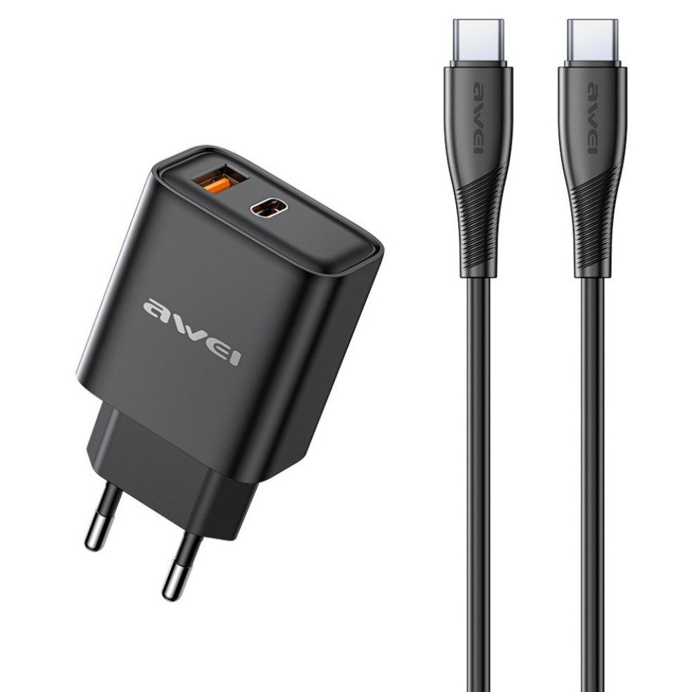 Įkroviklis Awei PD81C-EU 22.5W USB-A/USB-C + USB-C to USB-C cable 1.0m juodas Default Title