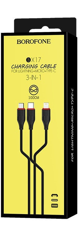 USB kabelis Borofone BX17 3in1 microUSB-Lightning-Type-C 1.0m juodas