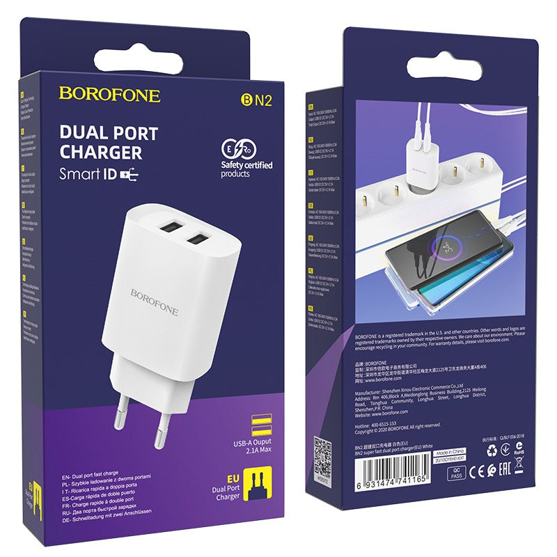 Įkroviklis Borofone BN2 2xUSB 2.1A, baltas