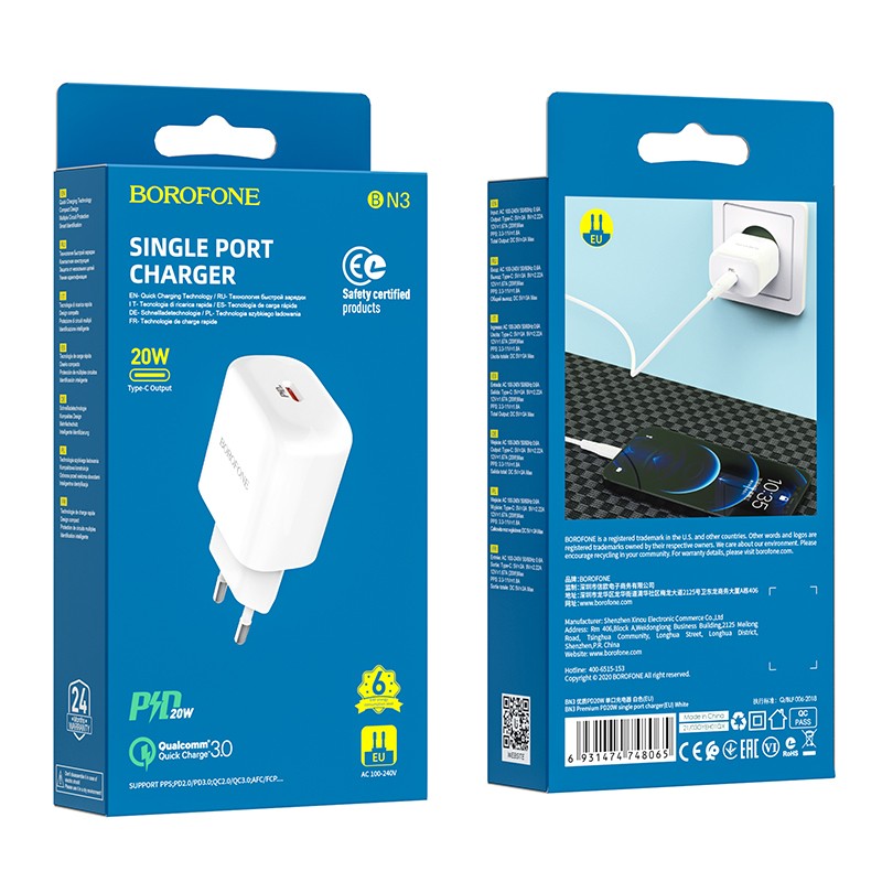 Įkroviklis Borofone BN3 20W USB-C baltas