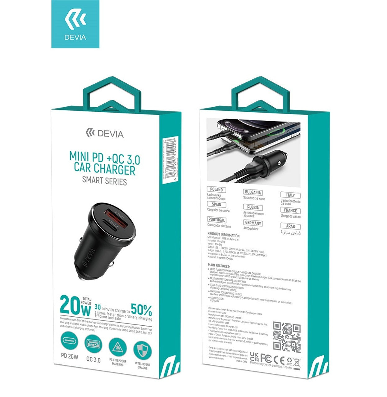 Automobilinis įkroviklis Devia Extreme PD20W+QC USB Quick Charge + Type-C PD juodas