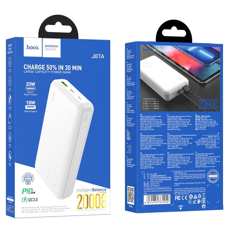 Išorinė baterija Power Bank Hoco J87A Type-C PD 20W+Quick Charge 3.0 20000mAh balta