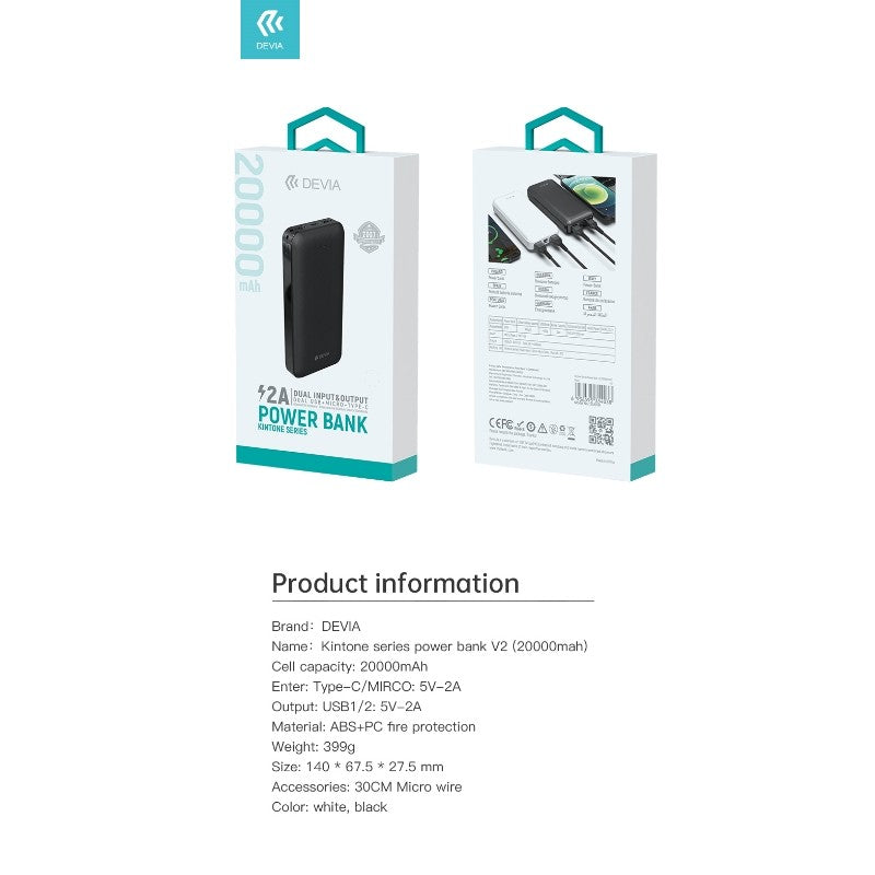 Išorinė baterija Power Bank Devia Kintone Series 20000mAh balta