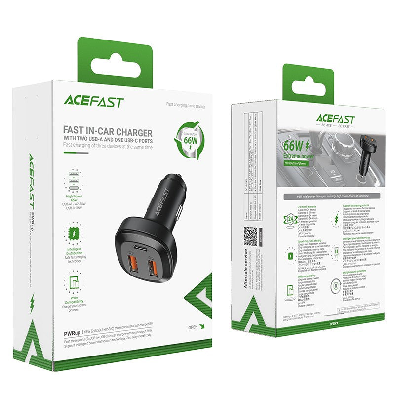 Automobilinis įkroviklis Acefast B9 66W 2xUSB-A+USB-C juodas