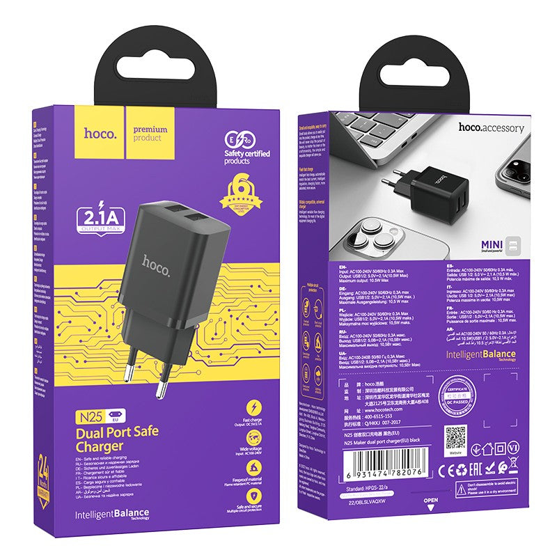 Įkroviklis Hoco N25 2xUSB-A (2.1A) juodas