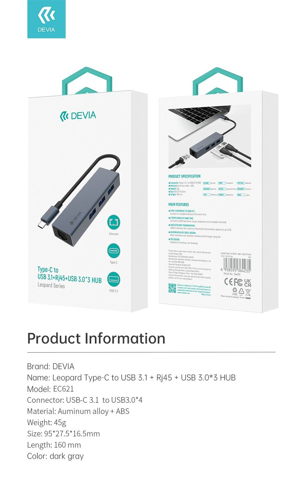 USB šakotuvas Devia Leopard iš Type-C į USB 3.1 + USB3.0*4 pilkas