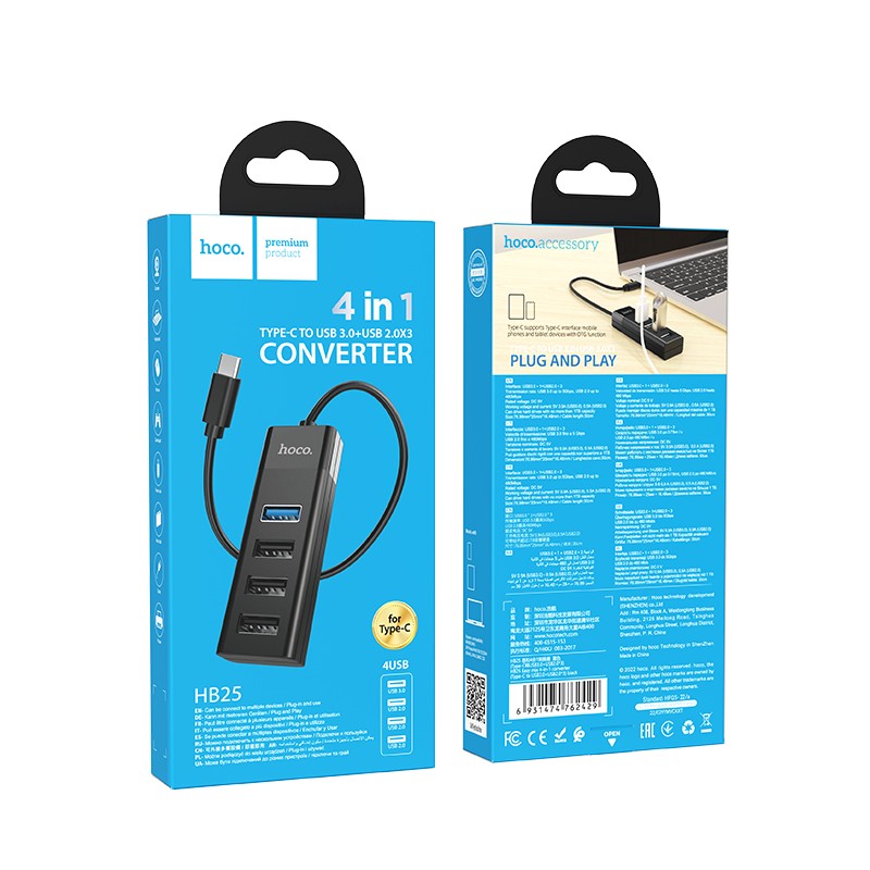USB šakotuvas Hoco HB25 Easy mix 4-in-1 converter Type-C to 1xUSB3.0+3xUSB2.0 juodas