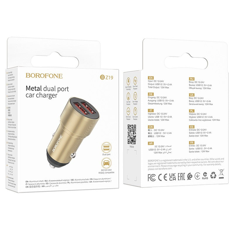 Automobilinis įkroviklis Borofone BZ19 Wisdom Dual Port auksinis