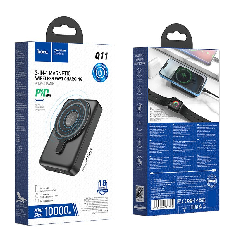Išorinė baterija Power Bank Hoco Q11 Magnetic 3-in-1 PD20W 10000mAh juoda