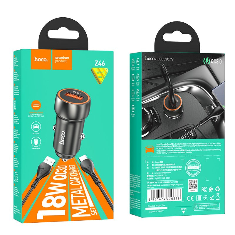 Automobilinis įkroviklis Hoco Z46 USB-A 18W QC3.0 + Type-C pilkas