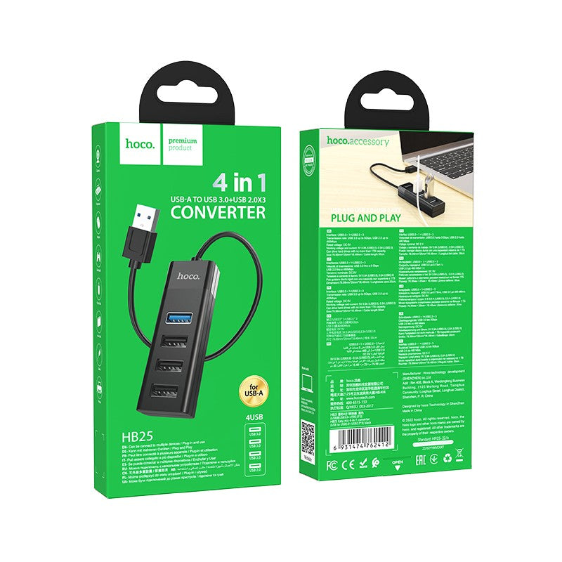 USB šakotuvas Hoco HB25 Easy mix 4-in-1 converter USB-A to 1xUSB3.0+3xUSB2.0 juodas