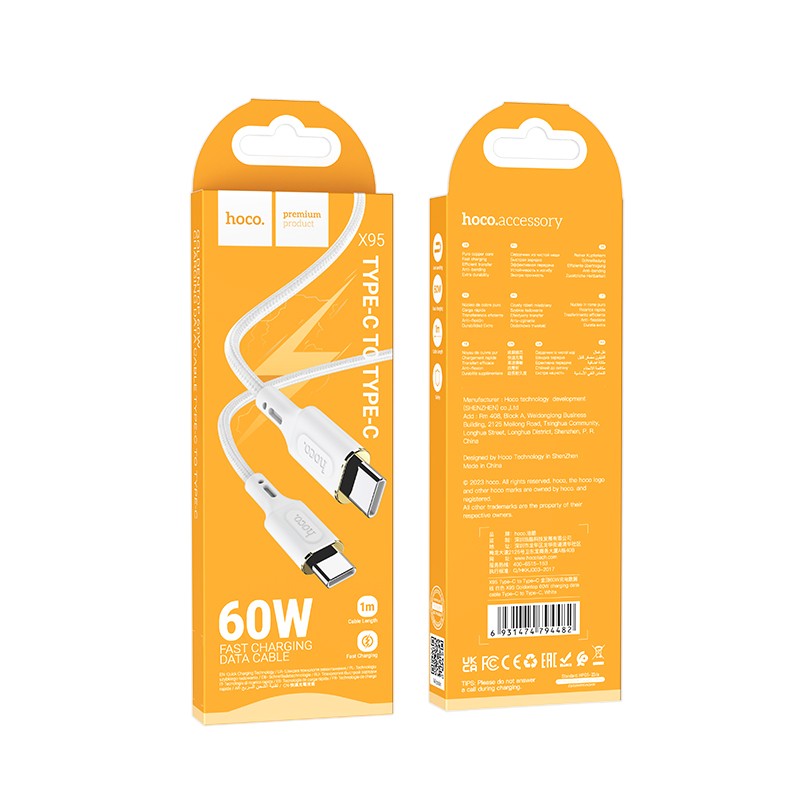 USB kabelis Hoco X95 60W Type-C to Type-C 1.0m baltas