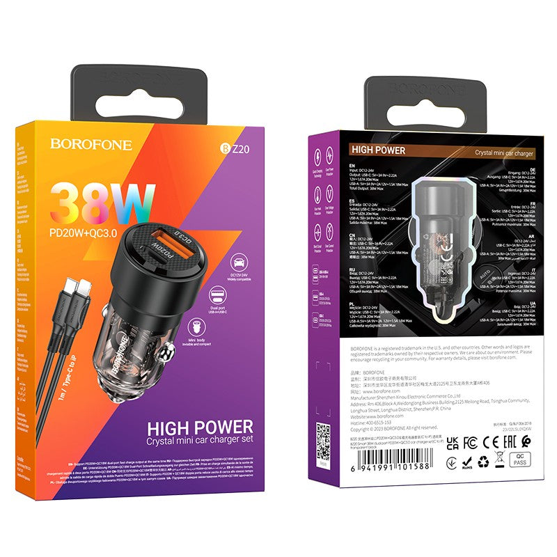Automobilinis įkroviklis Borofone BZ20 PD20W+QC3.0 38W + Lightning juodas