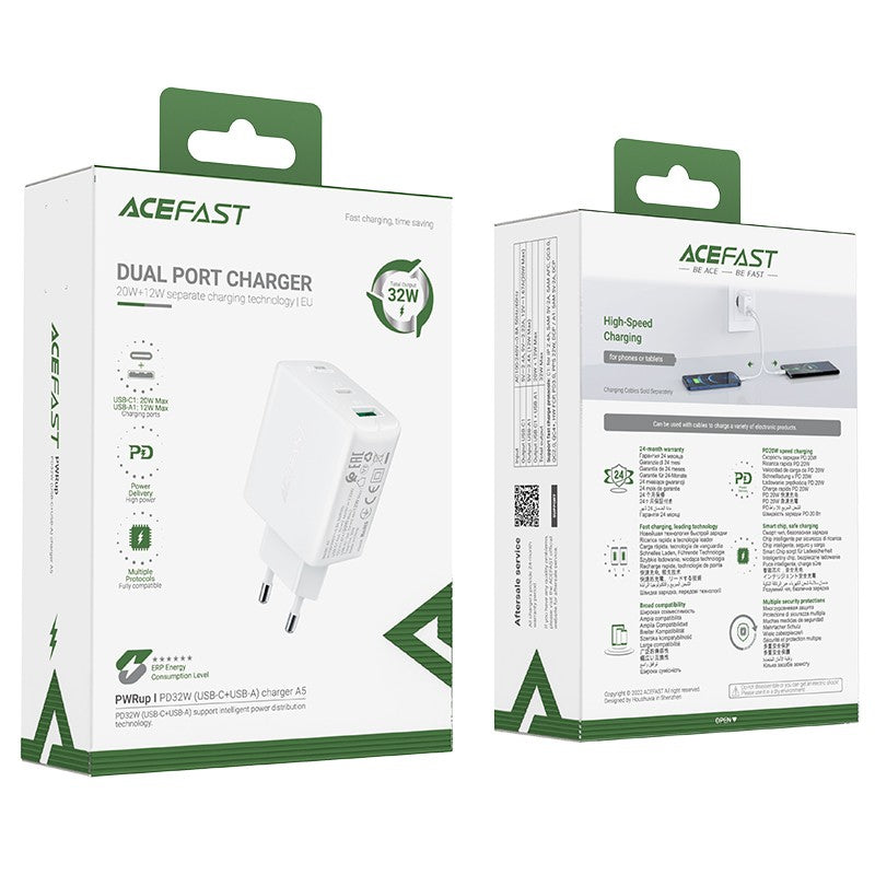 Įkroviklis Acefast A5 PD32W Type-C/USB-A baltas