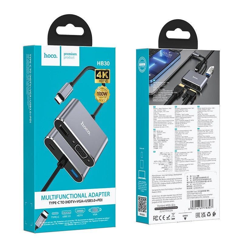 Adapteris Hoco HB30 Type-C to HDMI+VGA+USB-A3.0+Type-C pilkas