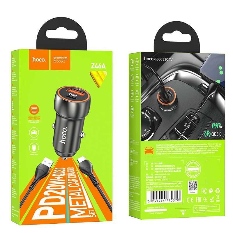 Automobilinis įkroviklis Hoco Z46A USB-A/Type-C PD20W+QC3.0 + Type-C pilkas