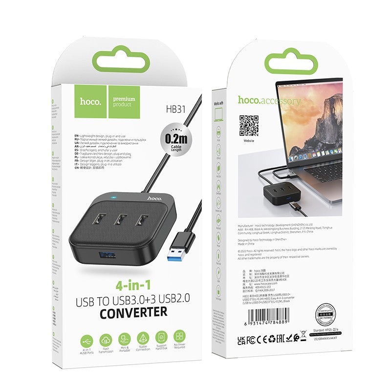 USB šakotuvas Hoco HB31 Easy 4-in-1 converter USB to USB3.0 + 3xUSB2.0 0.2m juodas