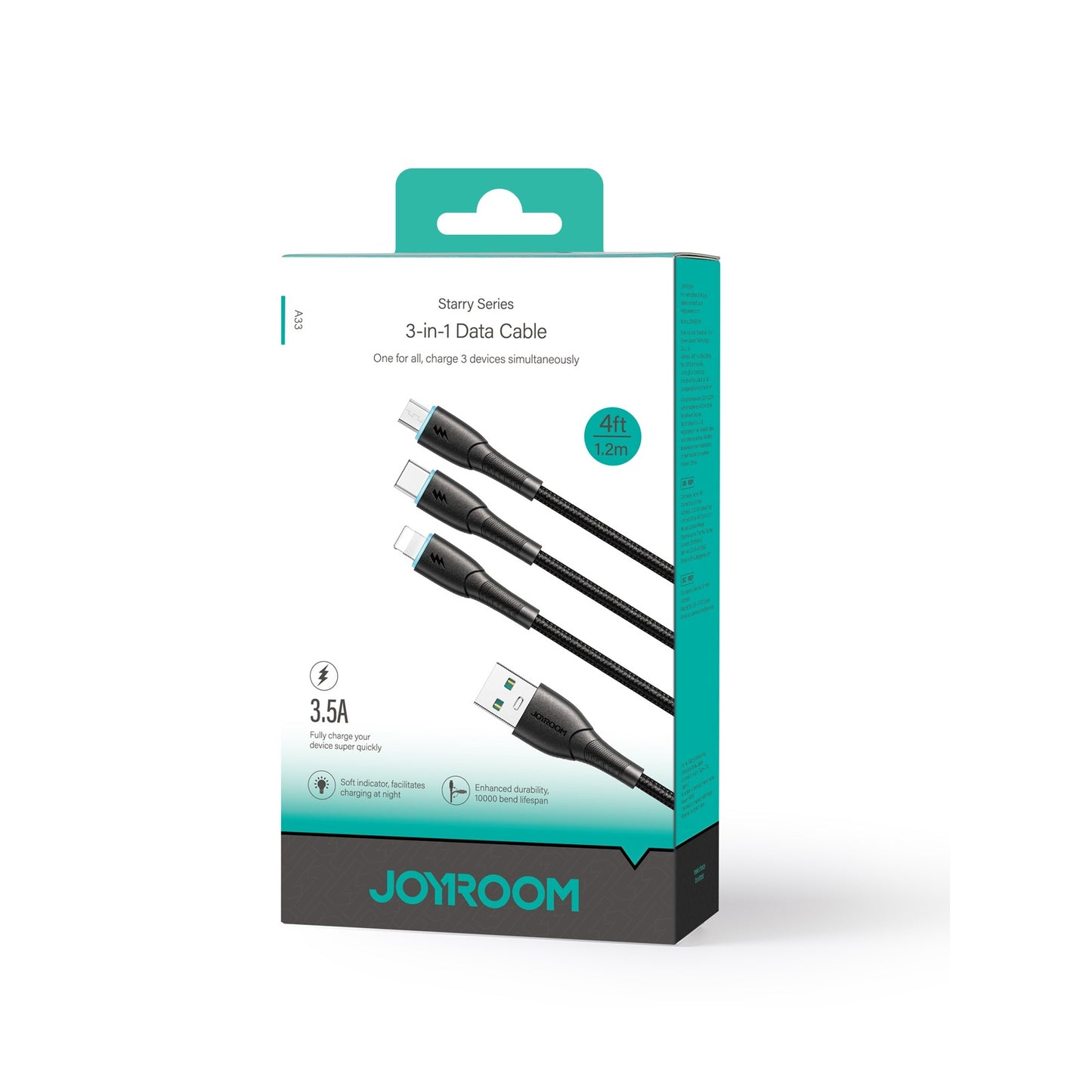 USB kabelis Joyroom SA33-1T3 USB to Lightning+USB-C+MicroUSB 3.5A 1.2m juodas