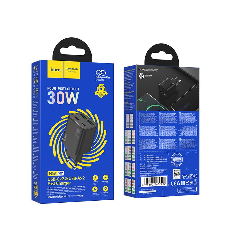 Įkroviklis Hoco N56 30W GaN 2xUSB-C/2xUSB-A juodas