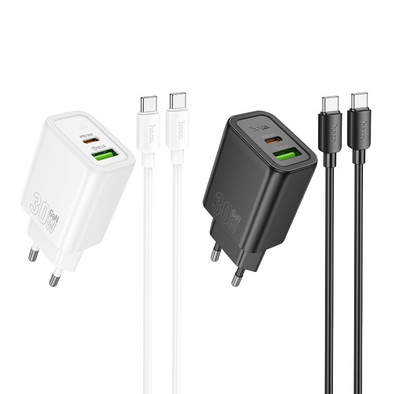 Įkroviklis Hoco N63 30W GaN USB-C/USB-A + USB-C to USB-C cable 1.0m baltas