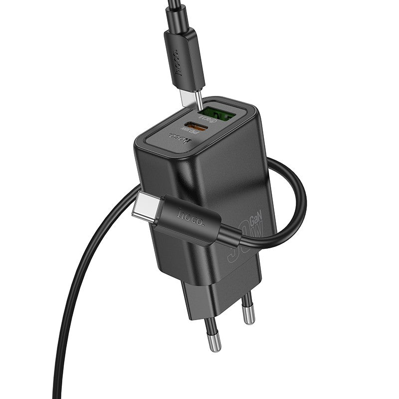 Įkroviklis Hoco N63 30W GaN USB-C/USB-A + USB-C to USB-C cable 1.0m juodas