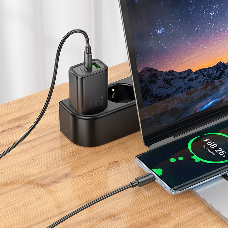 Įkroviklis Hoco N63 30W GaN USB-C/USB-A + USB-C to USB-C cable 1.0m juodas