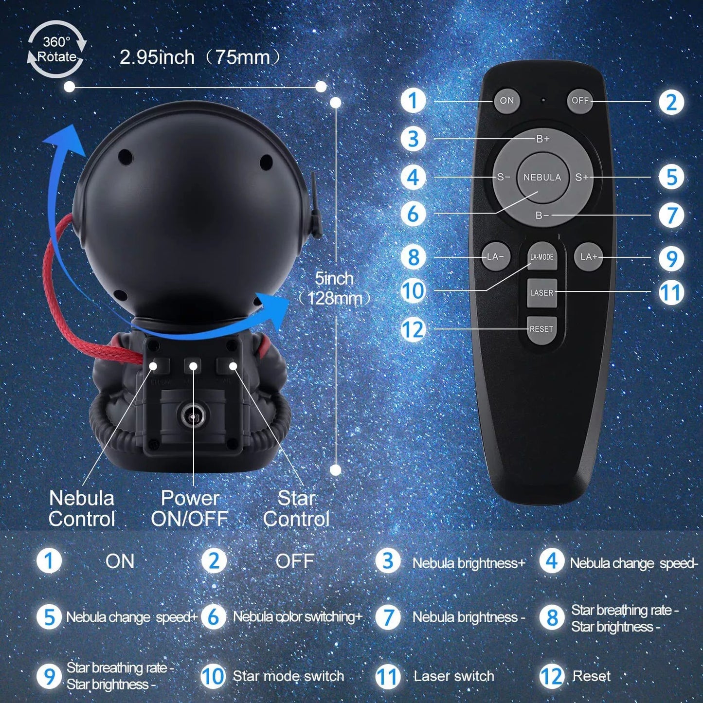 LED 3D galaktikų ir žvaigždžių projektorius Reach Mini Astronaut, juodas