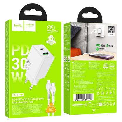 Įkroviklis Hoco N71 30W GaN USB-C/USB-A + USB-C to Lightning cable 1.0m baltas