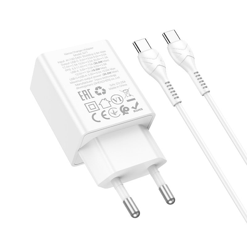 Įkroviklis Hoco N71 30W GaN USB-C/USB-A + USB-C to USB-C cable 1.0m baltas