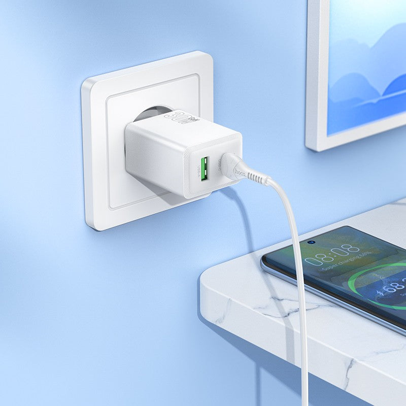 Įkroviklis Hoco N71 30W GaN USB-C/USB-A + USB-C to USB-C cable 1.0m baltas