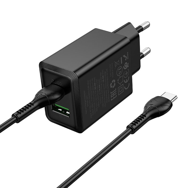 Įkroviklis Hoco N71 30W GaN USB-C/USB-A + USB-C to USB-C cable 1.0m juodas