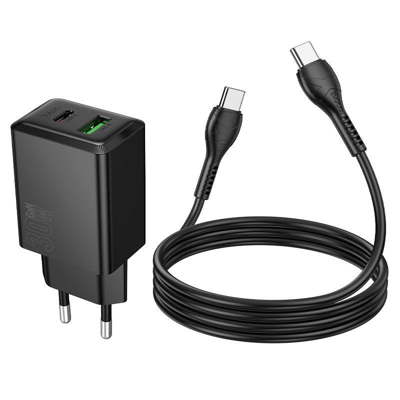 Įkroviklis Hoco N71 30W GaN USB-C/USB-A + USB-C to USB-C cable 1.0m juodas