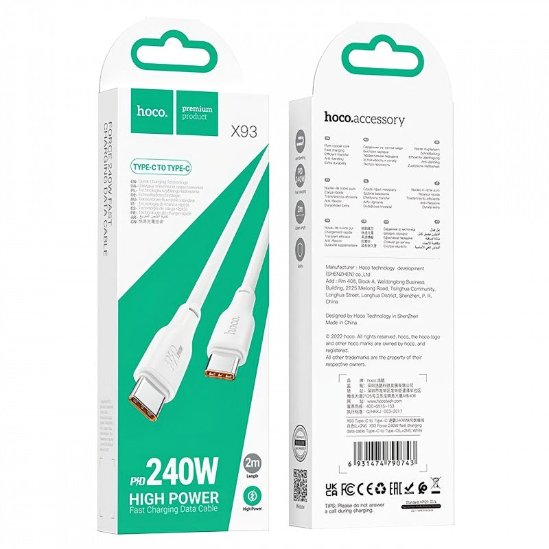 USB kabelis Hoco X93 240W USB-C to USB-C 2.0m baltas