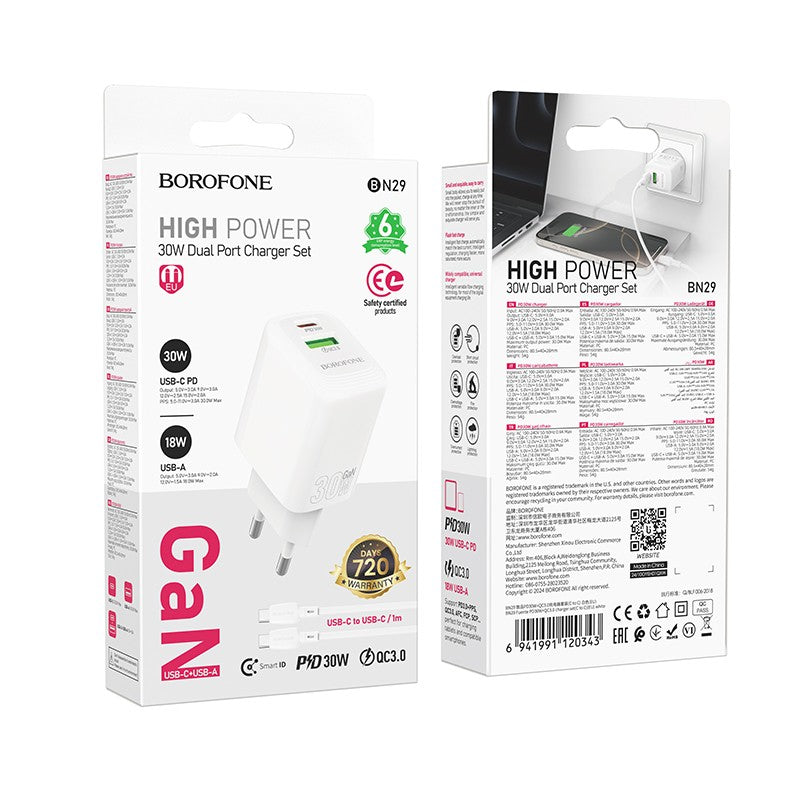Įkroviklis Borofone BN29 30W USB-C/USB-A + USB-C to USB-C cable 1.0m baltas