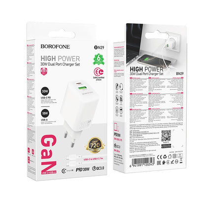 Įkroviklis Borofone BN29 30W USB-C/USB-A + USB-C to USB-C cable 1.0m baltas