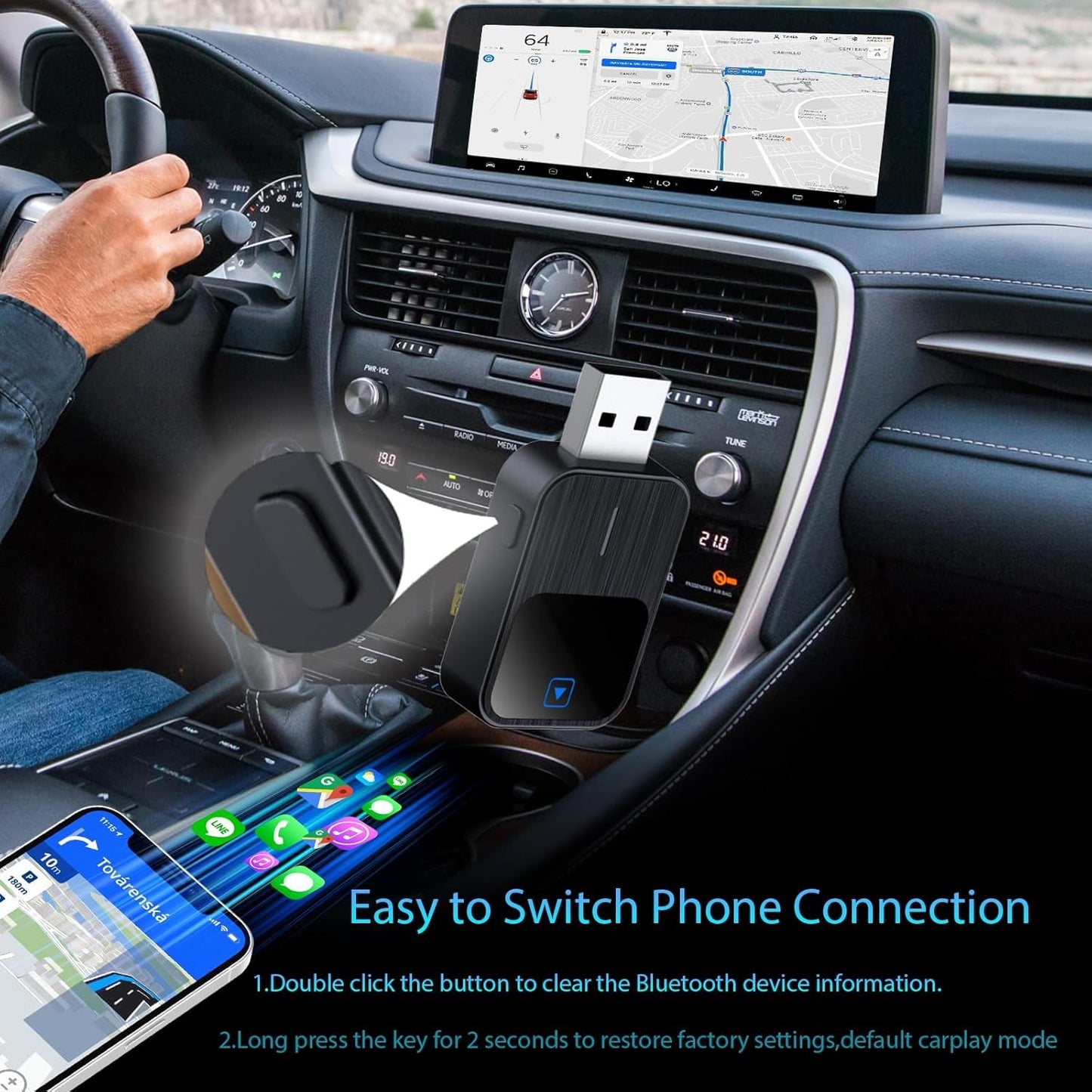 Belaidis CarPlay/Android Auto adapteris Reach K2 juodas