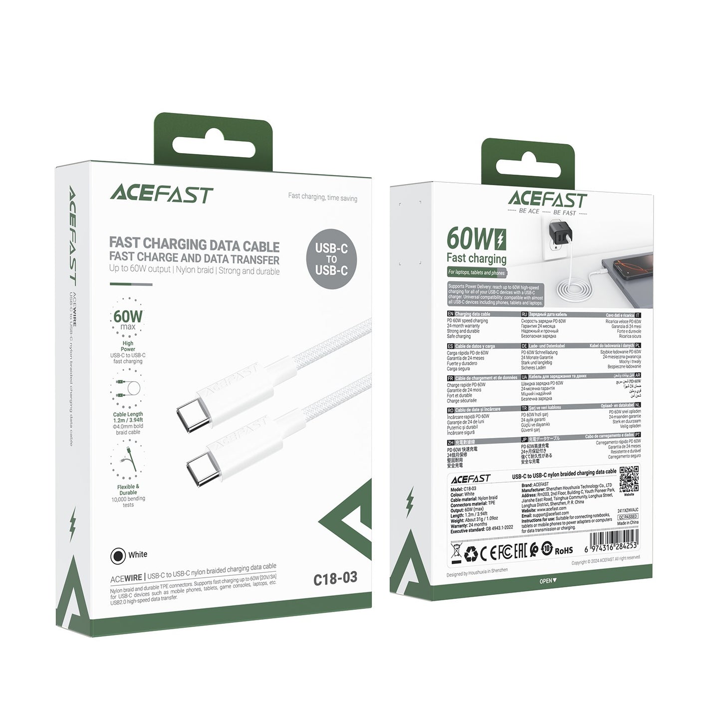 USB kabelis Acefast C18-03 60W USB-C to USB-C 1.2m baltas