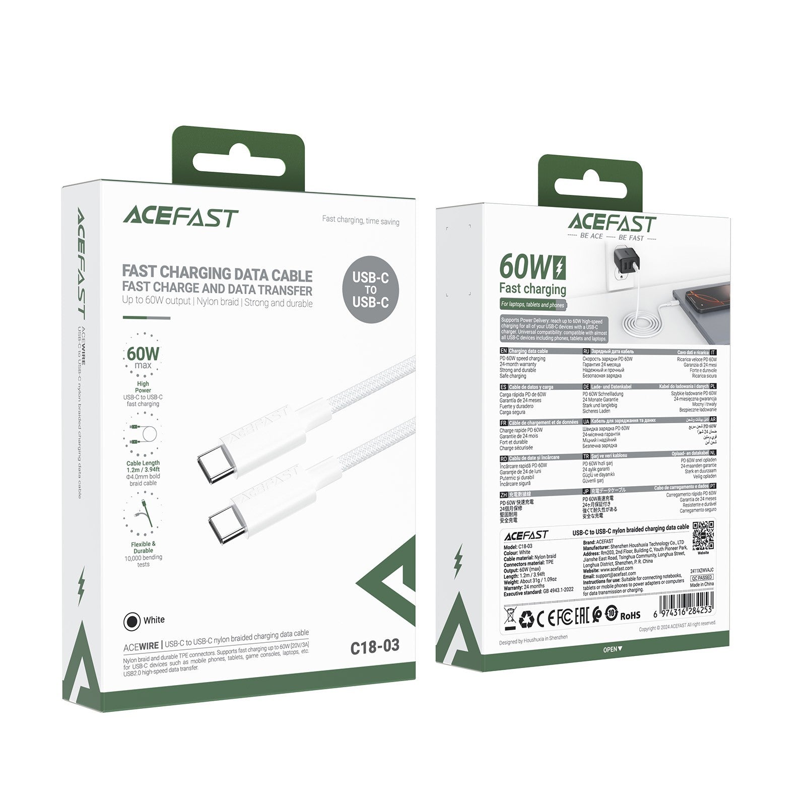 USB kabelis Acefast C18-03 60W USB-C to USB-C 1.2m baltas